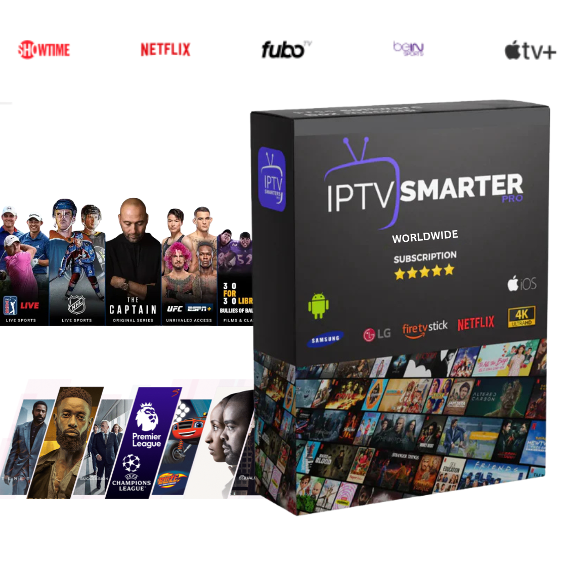 IPTV Smarters Pro subscription box showcasing access to various streaming services and entertainment options.