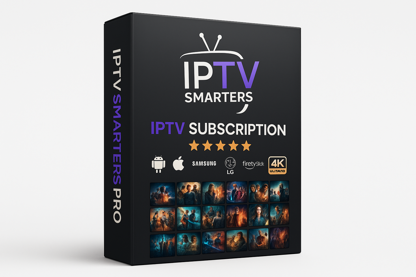 IPTV subscription package with brand logo and features on a black box