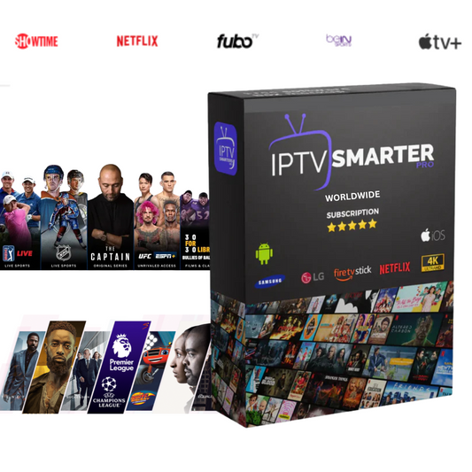 IPTV Smarters Pro subscription box showcasing access to various streaming services and entertainment options.