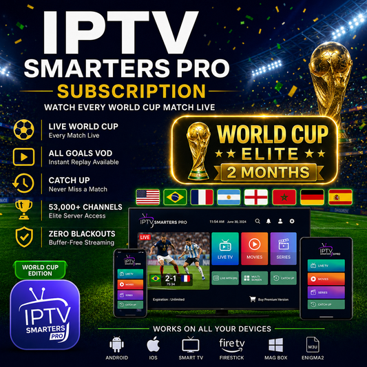 IPTV Smarters Pro World Cup Edition promotional banner on a dark navy stadium background with bright floodlights, confetti, and a football pitch. Large white text reads “IPTV Smarters Pro” with gold “Subscription” below and the slogan “Watch Every World Cup Match Live.” A glowing gold World Cup Elite 2 Months badge featuring a trophy appears on the right. Feature highlights include Live World Cup, All Goals VOD, Catch Up, 53,000+ Channels, and Zero Blackouts. A row of international flags (USA, Brazil, Franc