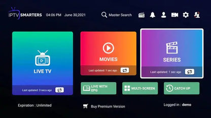 IPTV Smarters interface showcasing Live TV, Movies, and Series options for streaming subscriptions.